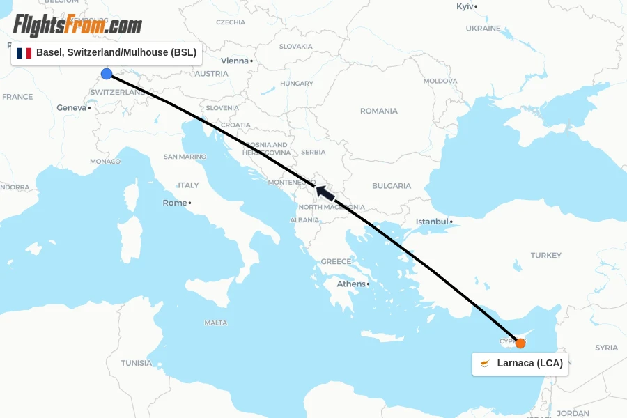 Flights from Larnaca to Basel, Switzerland/Mulhouse route map