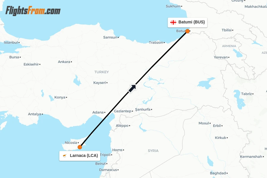 Flights from Larnaca to Batumi route map