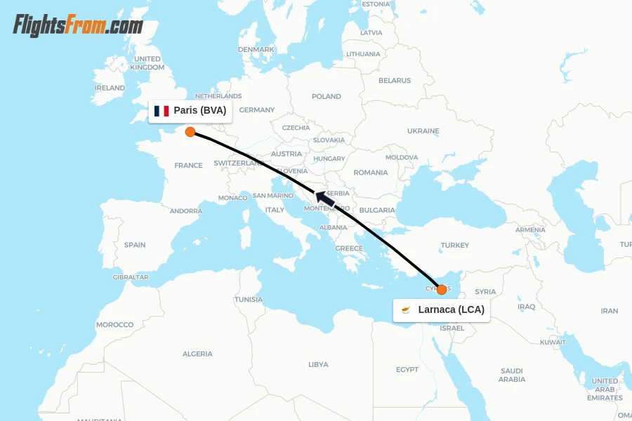 Flights from Larnaca to Paris route map