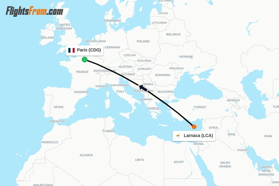 Flights from Larnaca to Paris route map