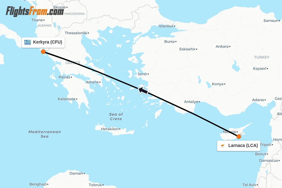 Flights from Larnaca to Kerkyra route map
