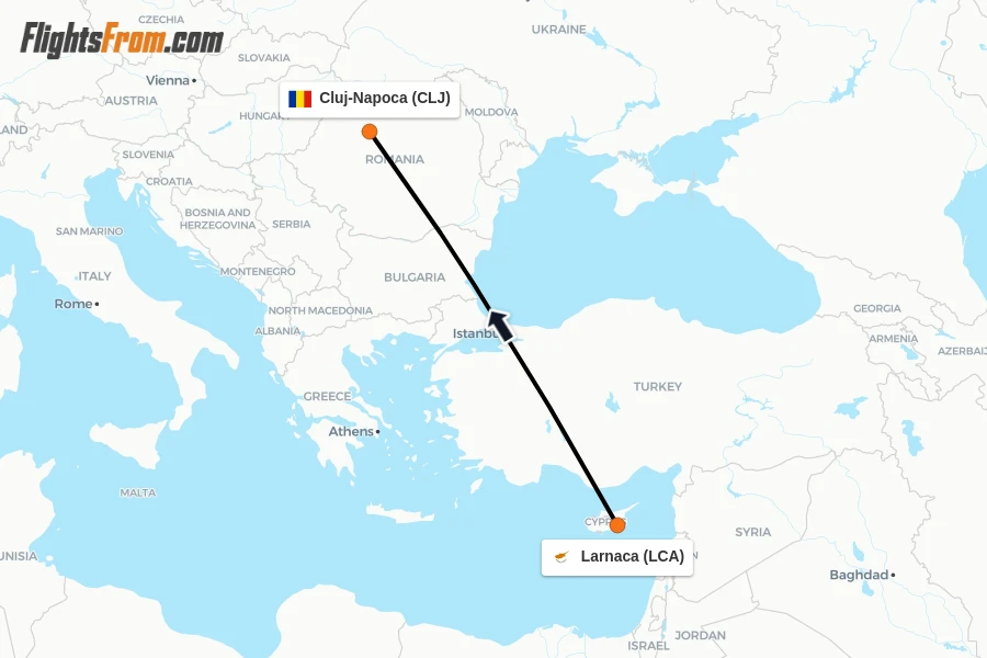 Flights from Larnaca to Cluj-Napoca route map