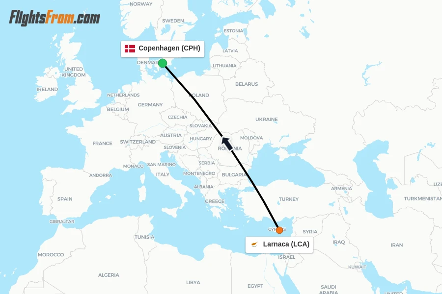 Flights from Larnaca to Copenhagen route map