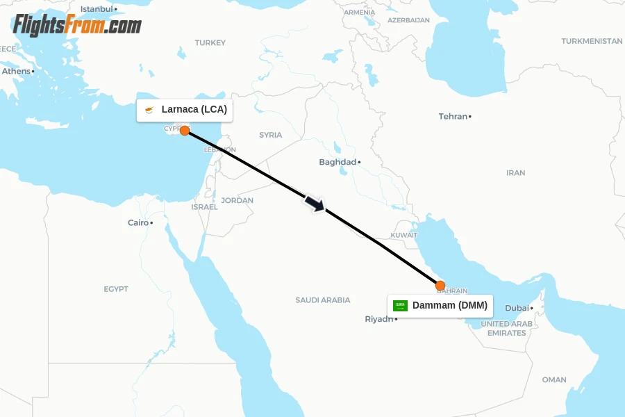 Flights from Larnaca to Dammam route map