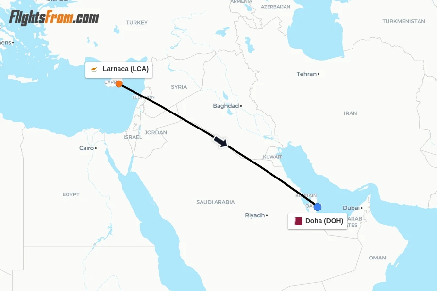 Flights from Larnaca to Doha route map