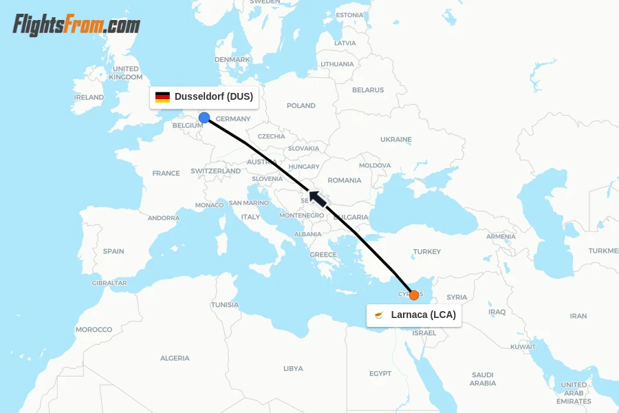Flights from Larnaca to Dusseldorf route map