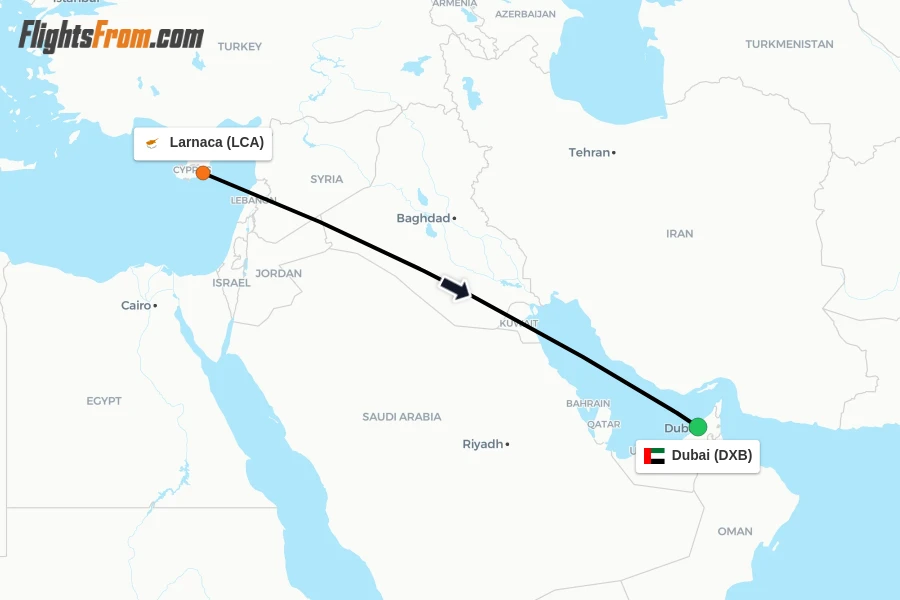 Flights from Larnaca to Dubai route map