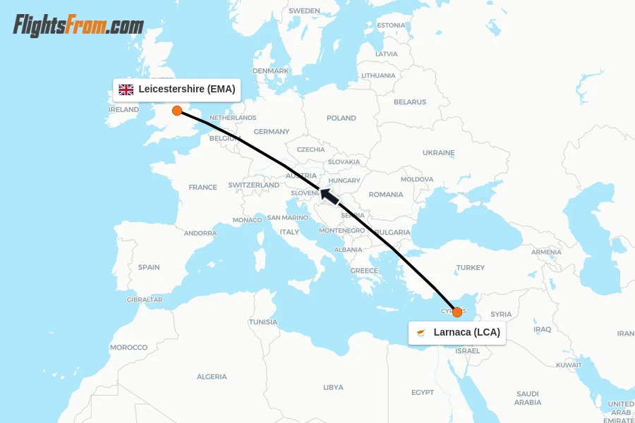 Flights from Larnaca to Leicestershire route map