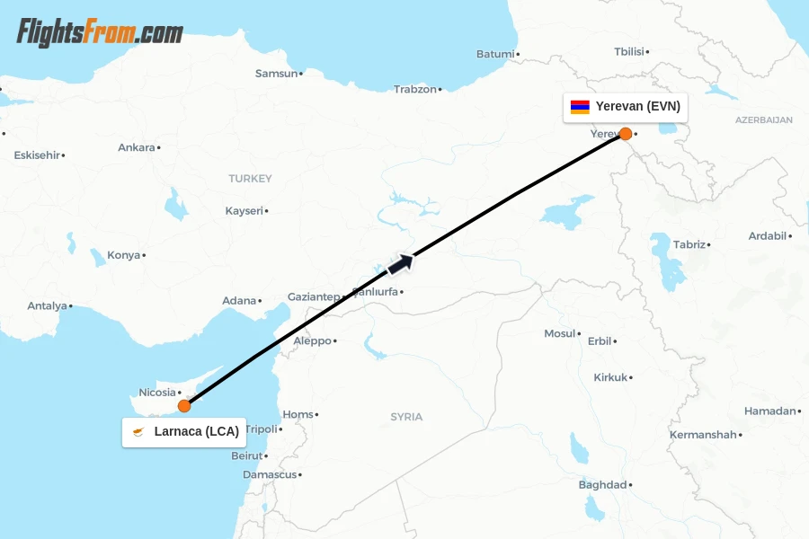 Flights from Larnaca to Yerevan route map