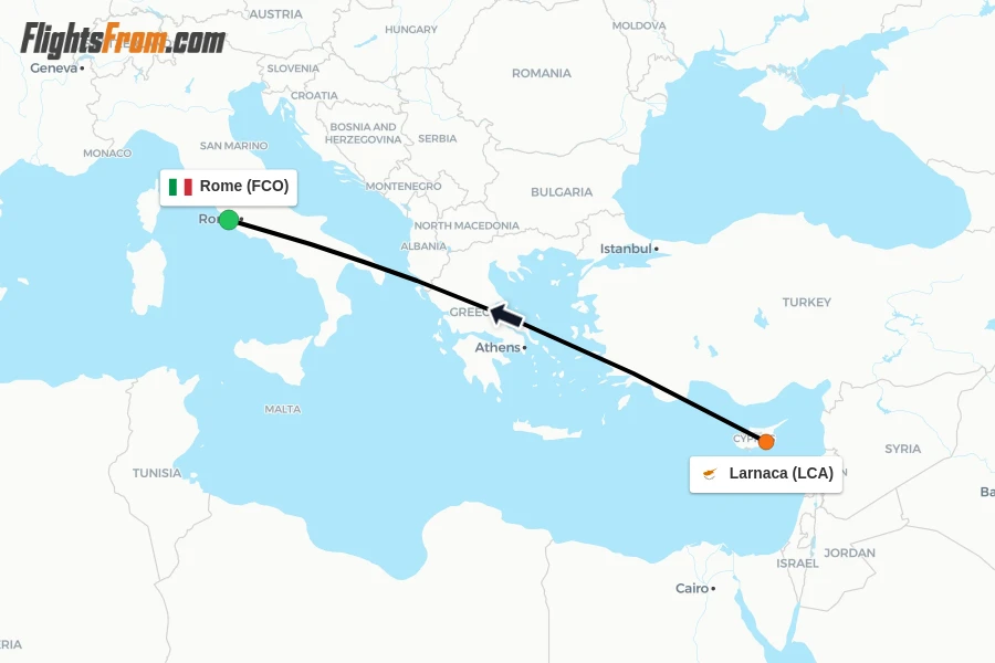 Flights from Larnaca to Rome route map