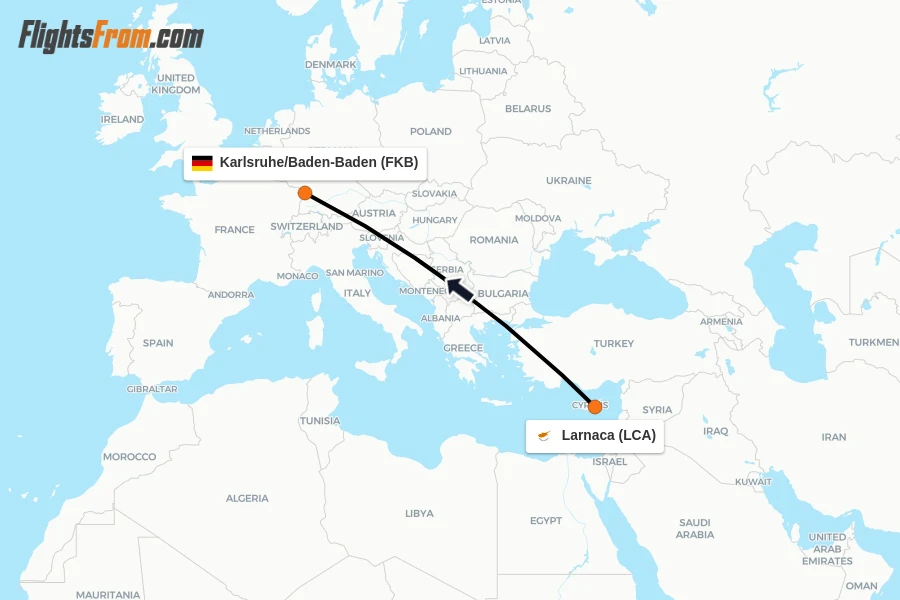 Flights from Larnaca to Karlsruhe/Baden-Baden route map