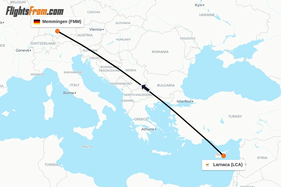 Flights from Larnaca to Memmingen route map
