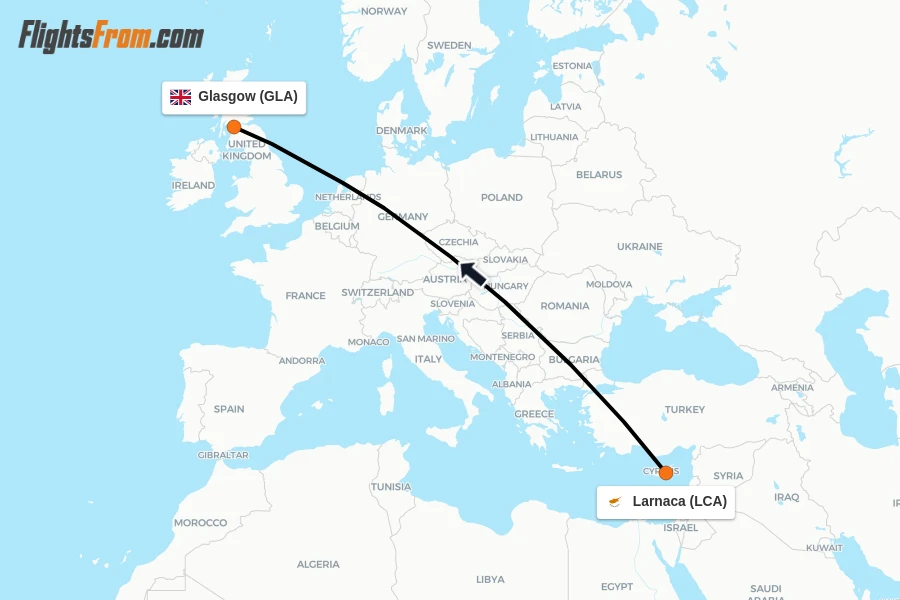 Flights from Larnaca to Glasgow route map