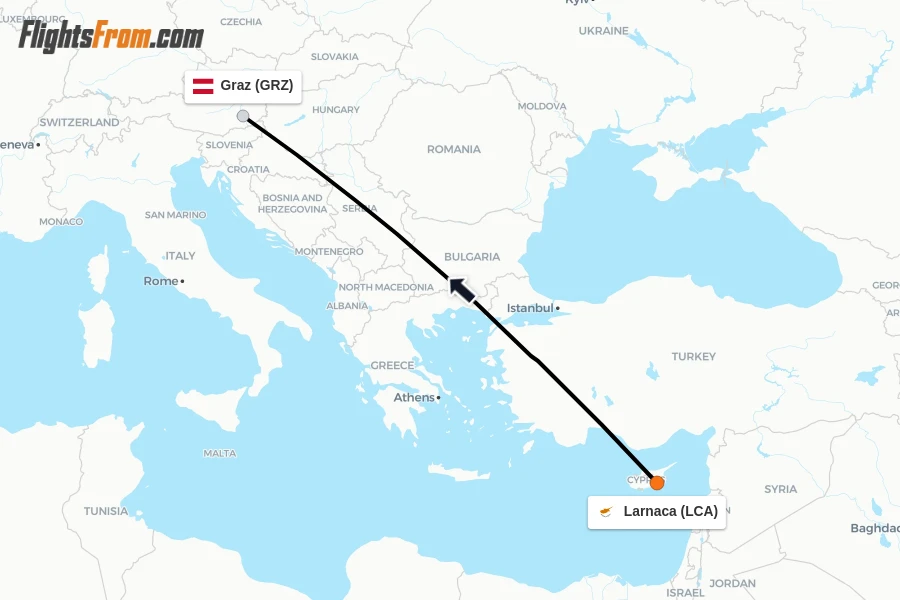 Flights from Larnaca to Graz route map