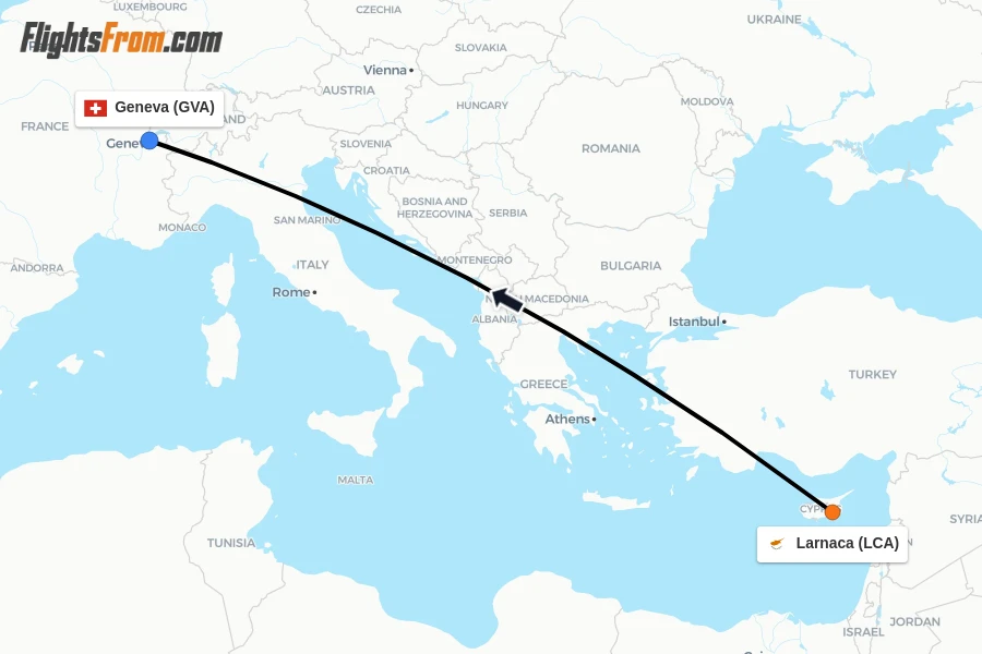 Flights from Larnaca to Geneva route map