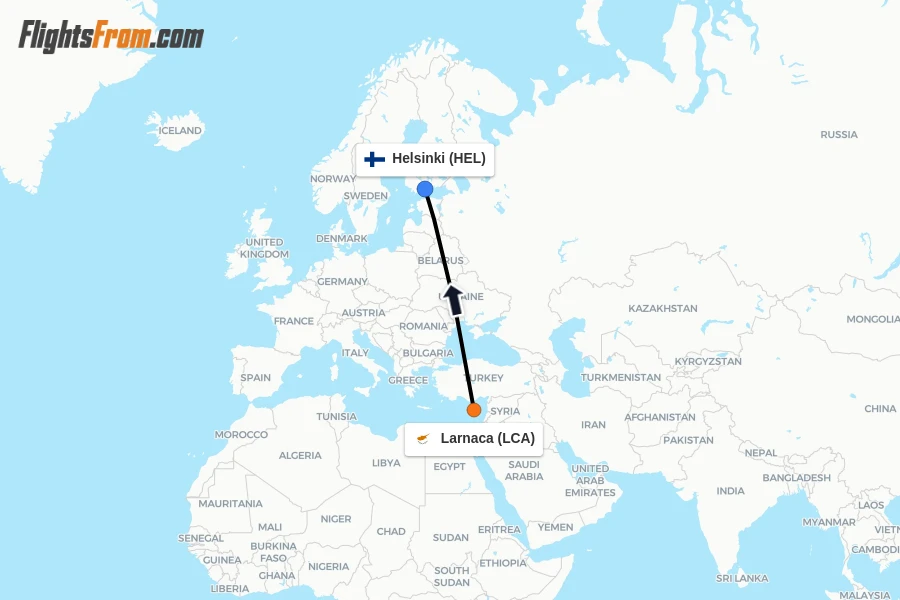Flights from Larnaca to Helsinki route map