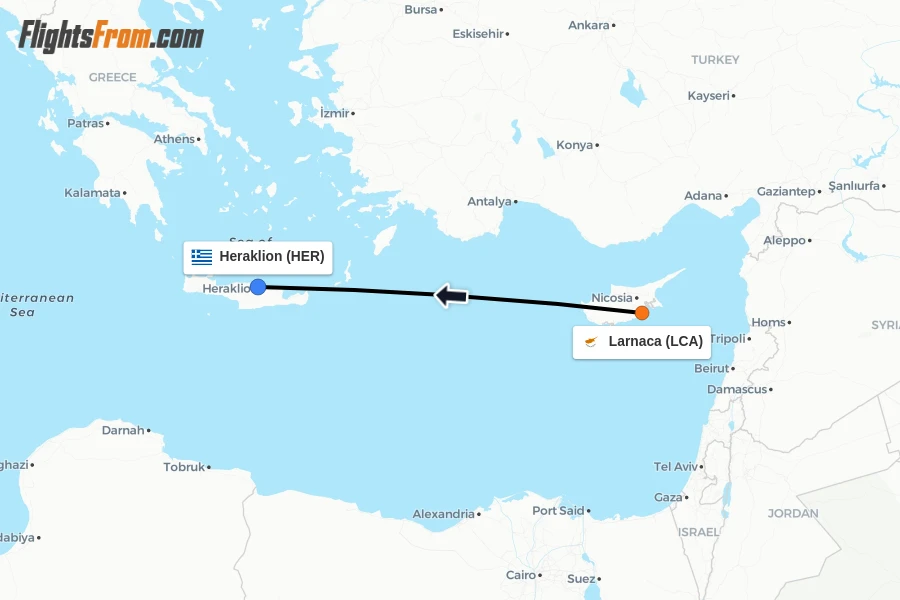 Flights from Larnaca to Heraklion route map