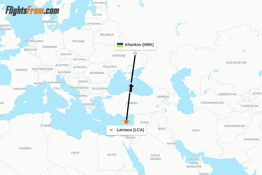 Flights from Larnaca to Kharkov route map