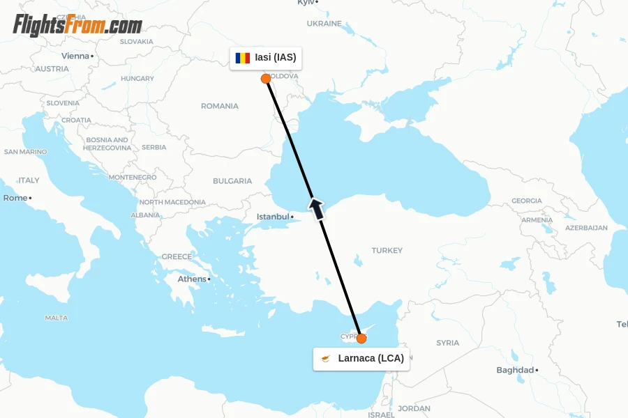 Flights from Larnaca to Iasi route map