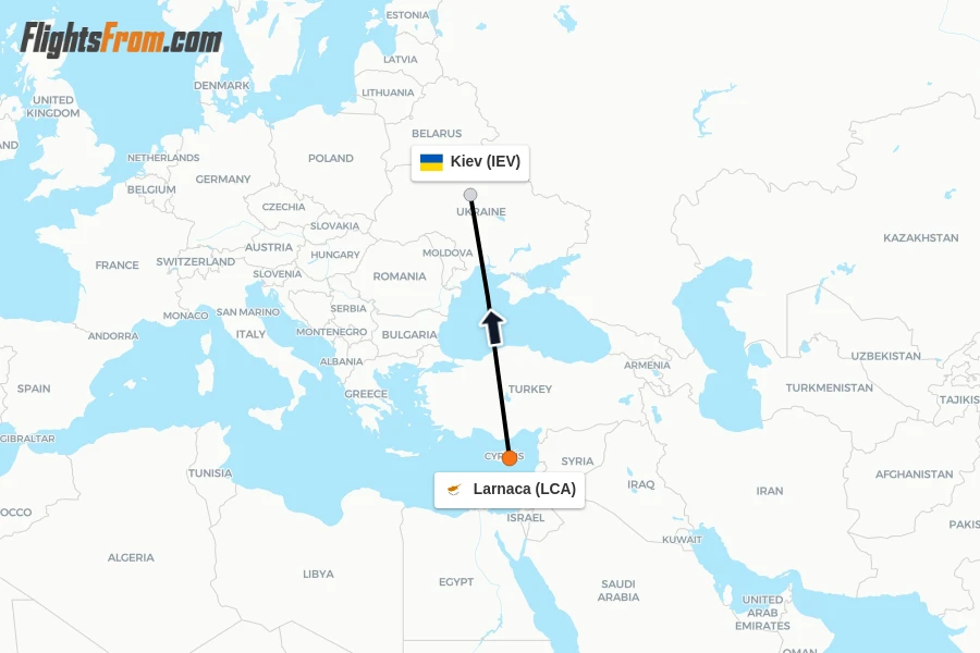 Flights from Larnaca to Kiev route map