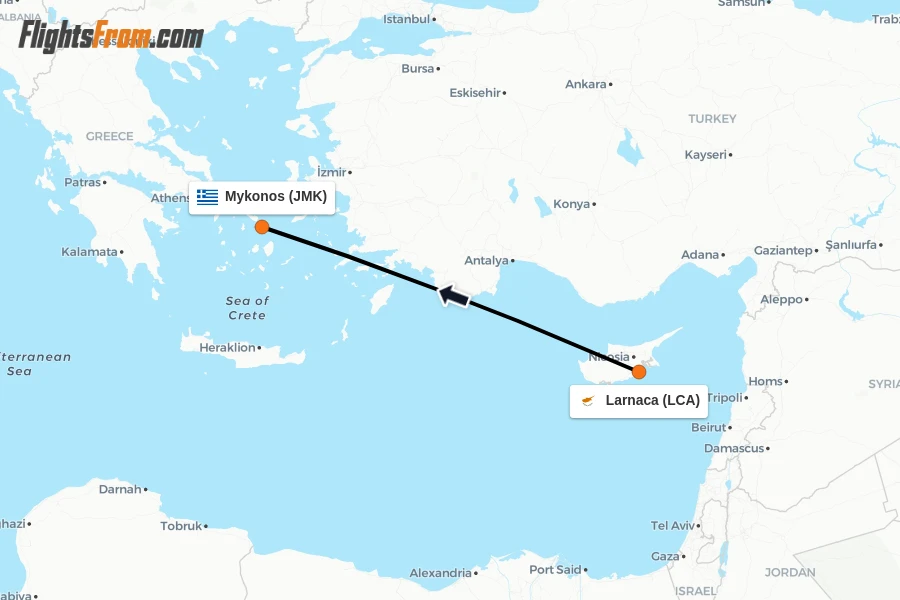 Flights from Larnaca to Mykonos route map