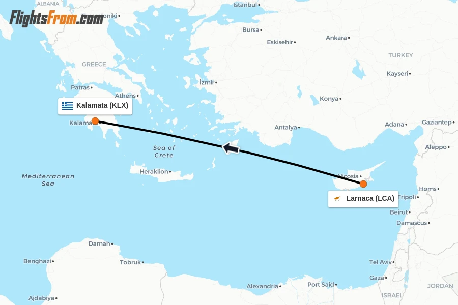 Flights from Larnaca to Kalamata route map