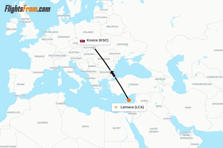 Flights from Larnaca to Kosice route map