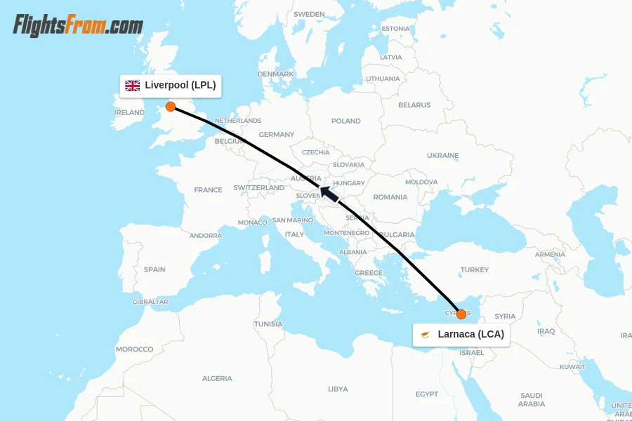 Flights from Larnaca to Liverpool route map