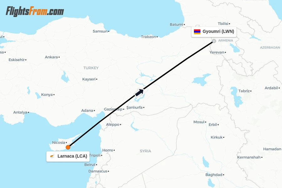 Flights from Larnaca to Gyoumri route map