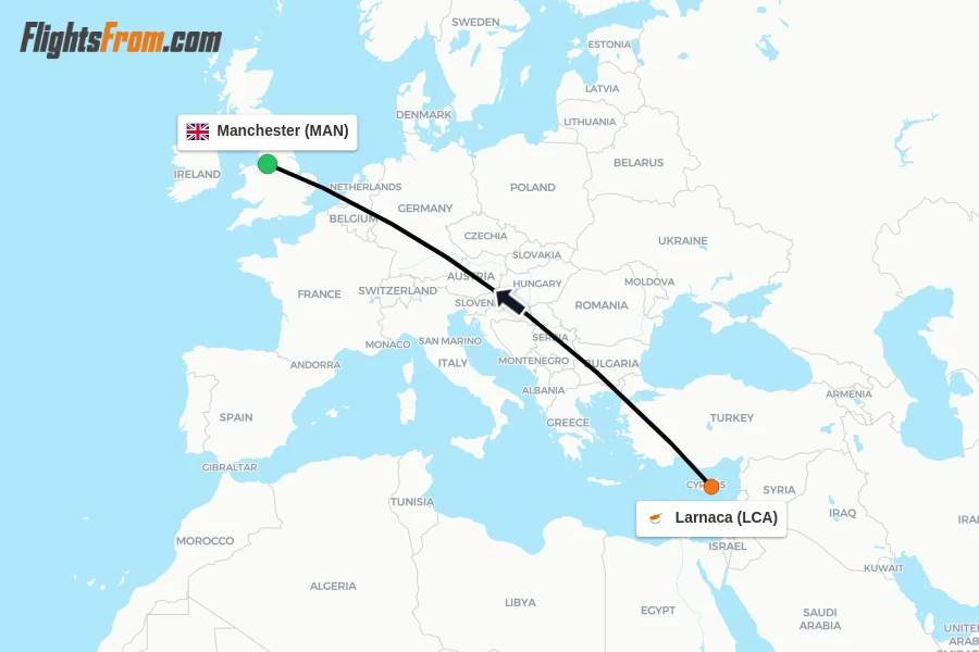 Flights from Larnaca to Manchester route map