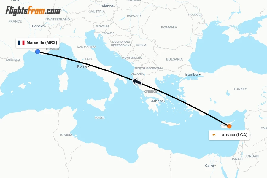 Flights from Larnaca to Marseille route map