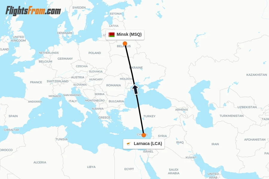 Flights from Larnaca to Minsk route map