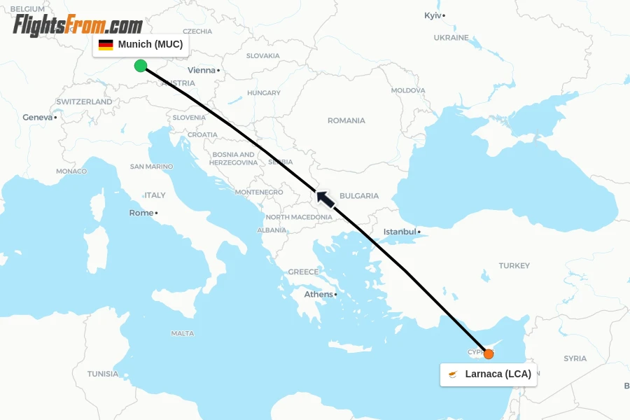 Flights from Larnaca to Munich route map