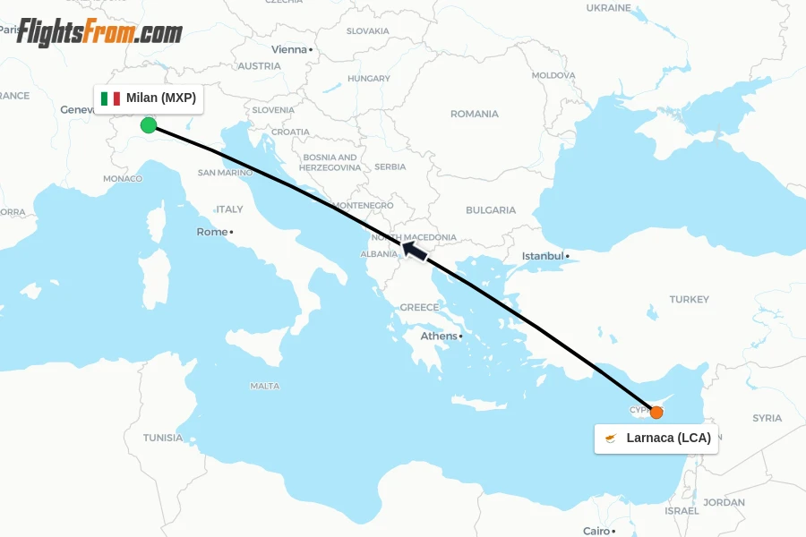 Flights from Larnaca to Milan route map