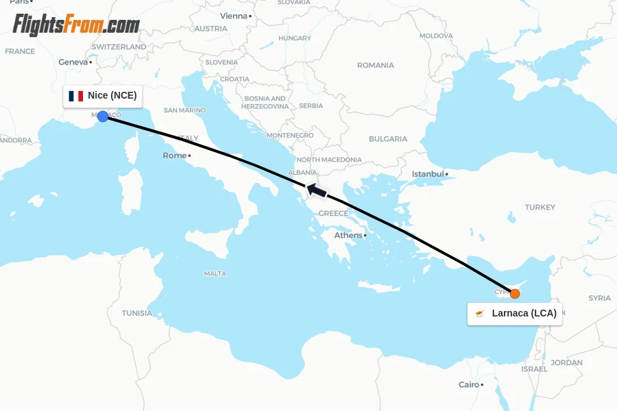 Flights from Larnaca to Nice route map