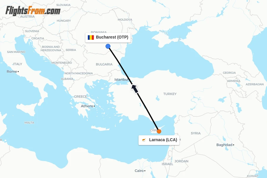 Flights from Larnaca to Bucharest route map