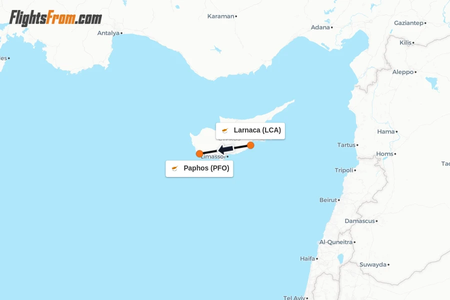 Flights from Larnaca to Paphos route map