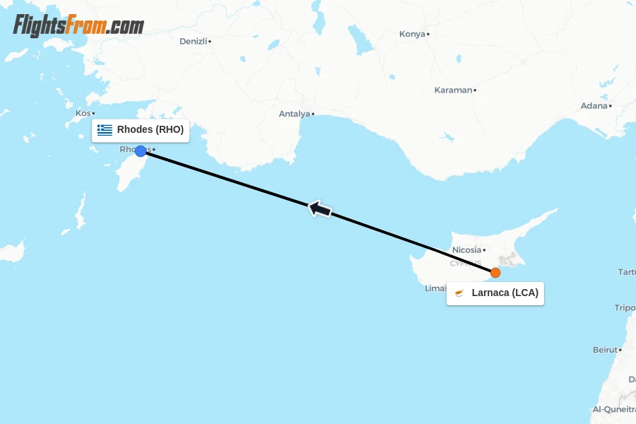 Flights from Larnaca to Rhodes route map