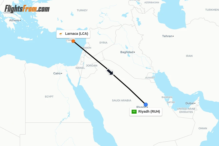 Flights from Larnaca to Riyadh route map