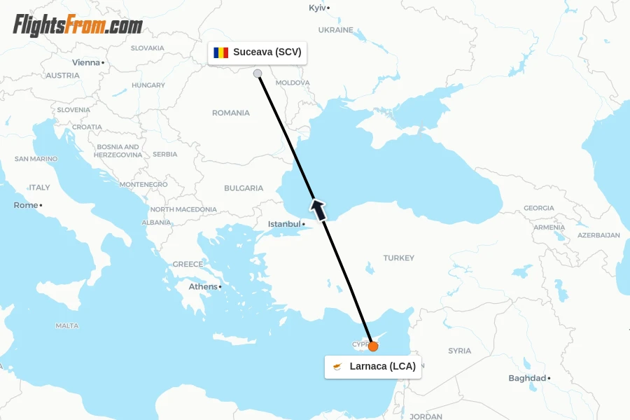 Flights from Larnaca to Suceava route map