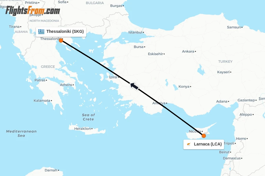 Flights from Larnaca to Thessaloniki route map