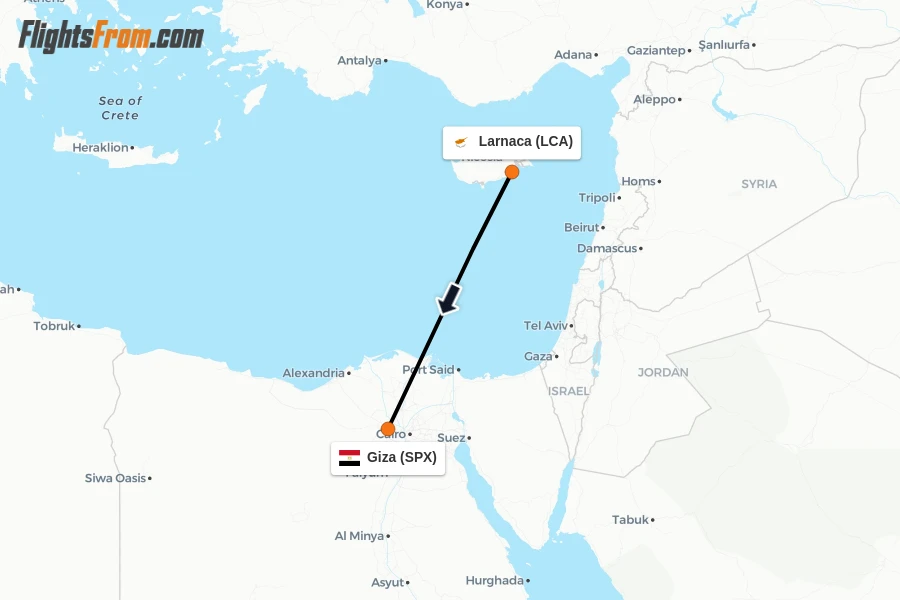 Flights from Larnaca to Giza route map