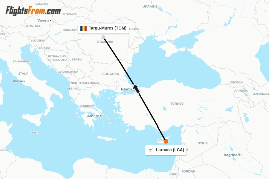 Flights from Larnaca to Targu-Mures route map