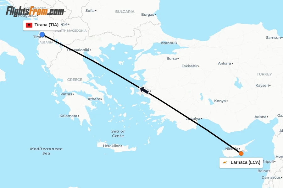 Flights from Larnaca to Tirana route map