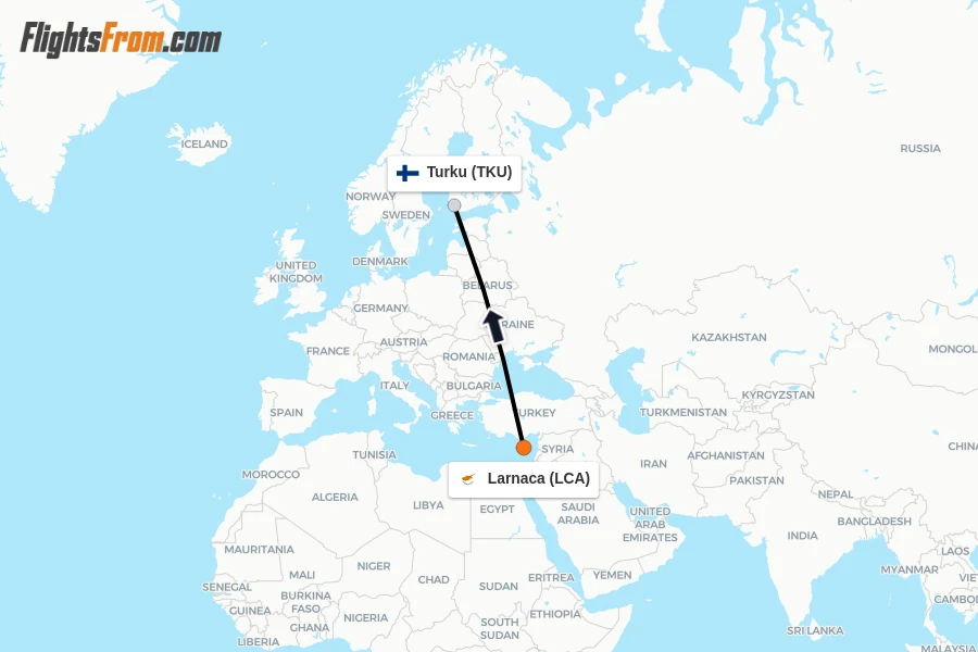 Flights from Larnaca to Turku route map