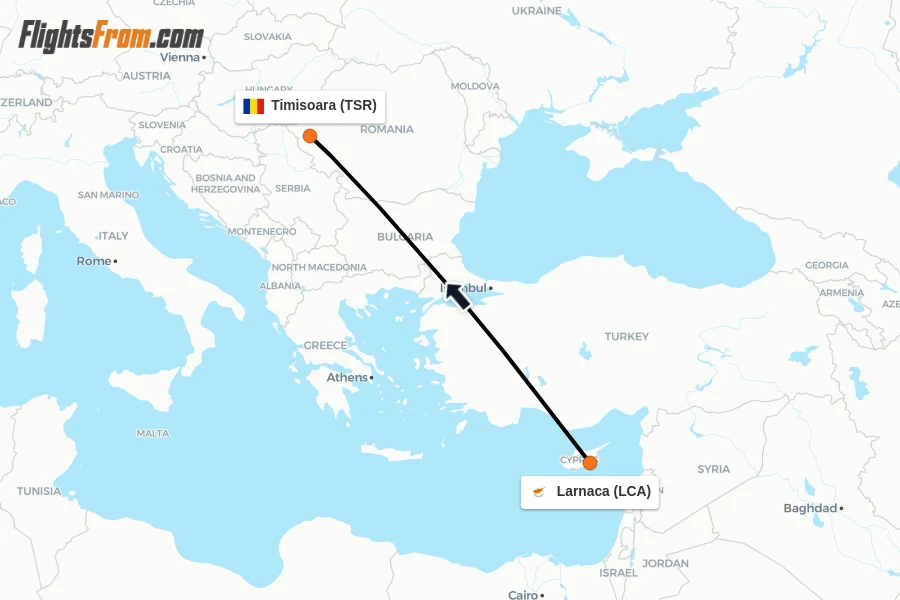 Flights from Larnaca to Timisoara route map