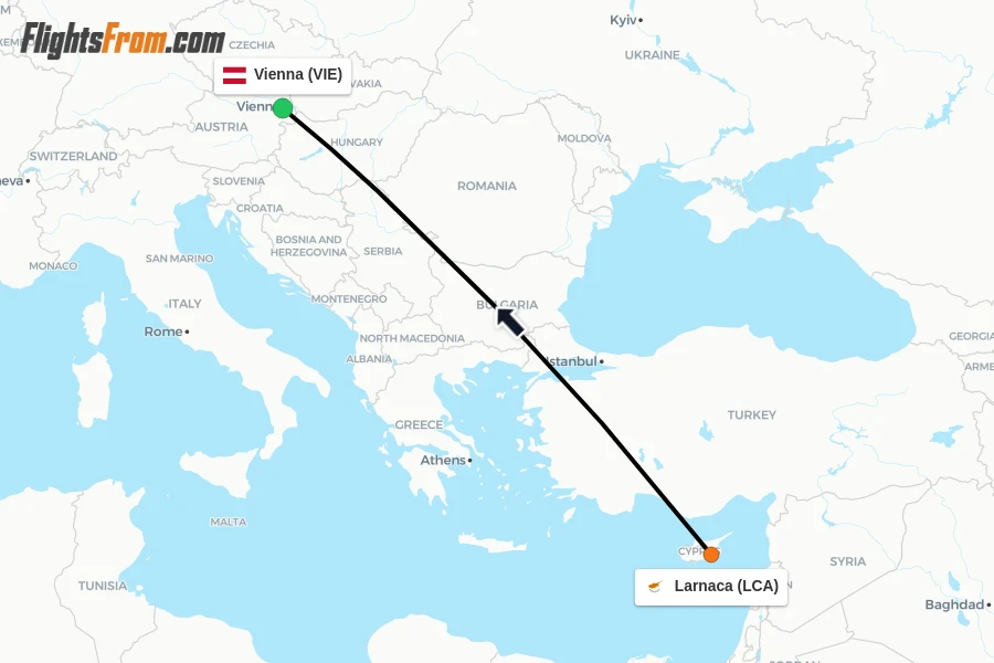 Flights from Larnaca to Vienna route map