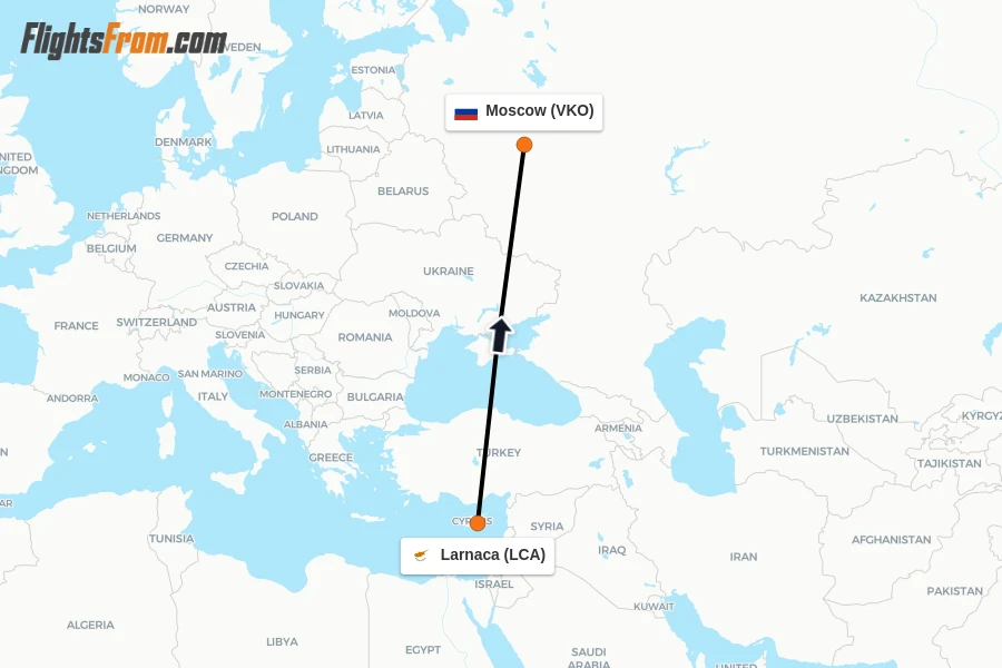 Flights from Larnaca to Moscow route map