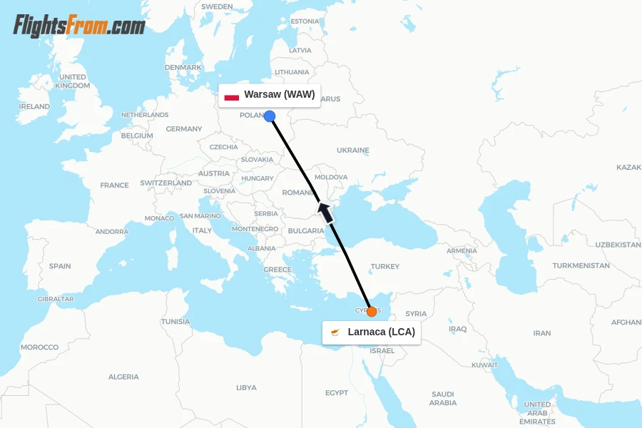 Flights from Larnaca to Warsaw route map