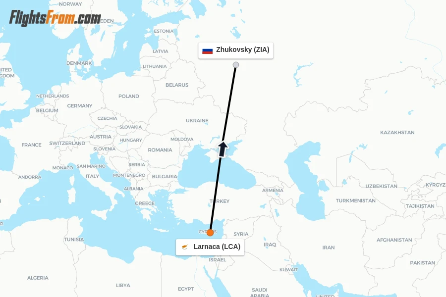 Flights from Larnaca to Zhukovsky route map